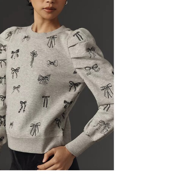 Anthropologie Maeve Puff-Sleeve Embroidered Sweatshirt XS new with tag gray - Picture 3 of 11